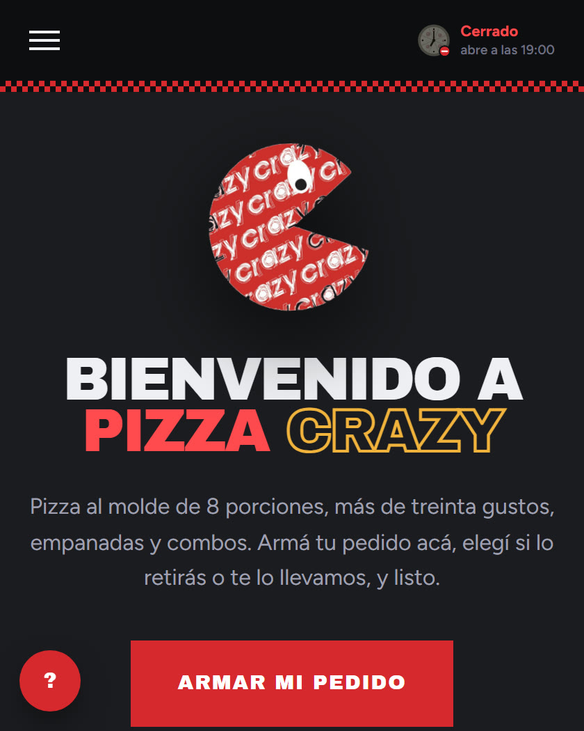 Página de pedidos de Pizza Crazy